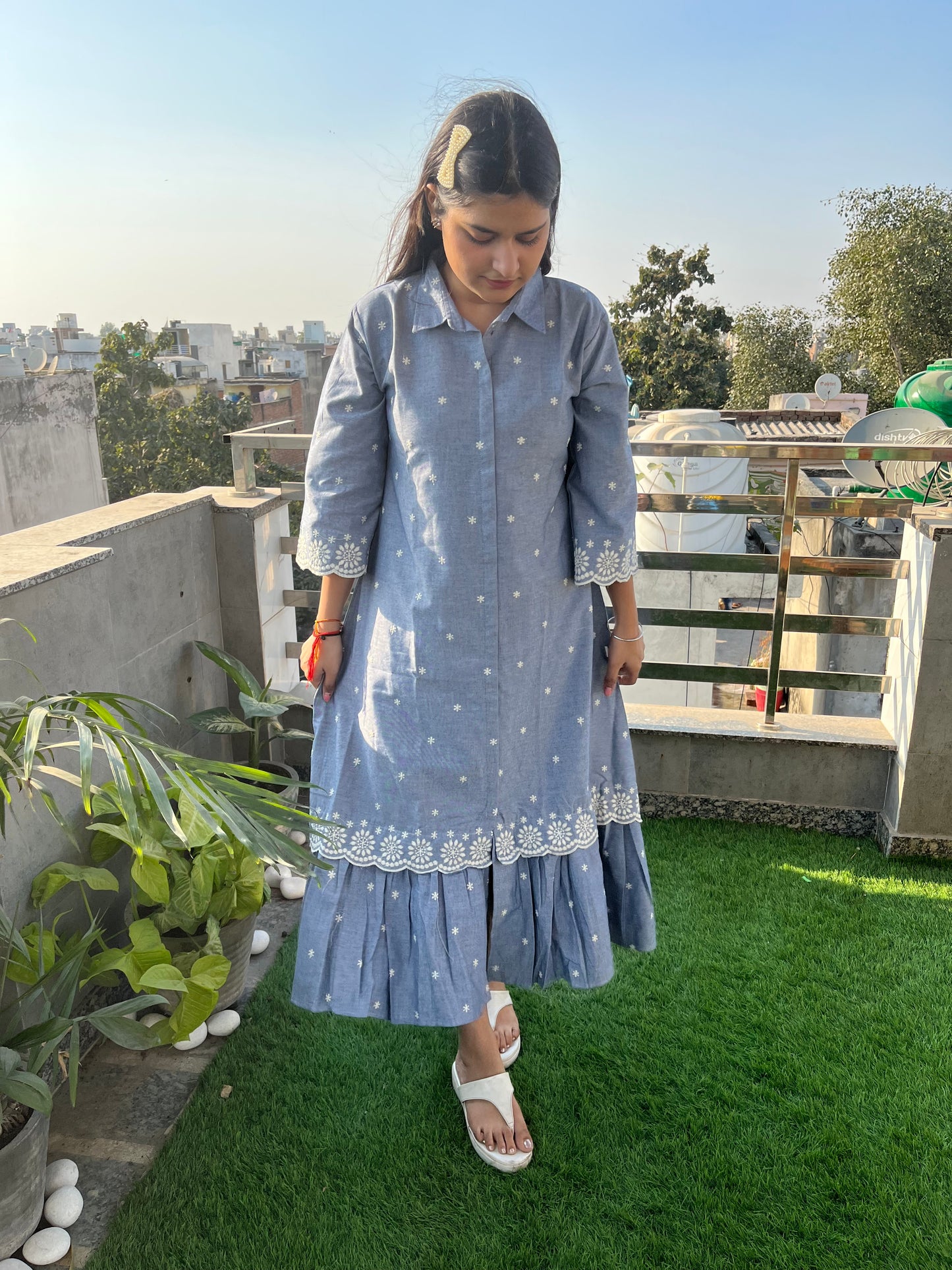 Denim Chikankari dress