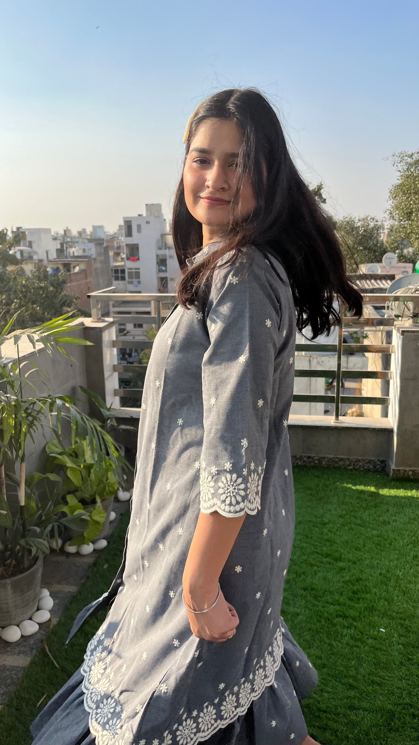 Denim Chikankari dress