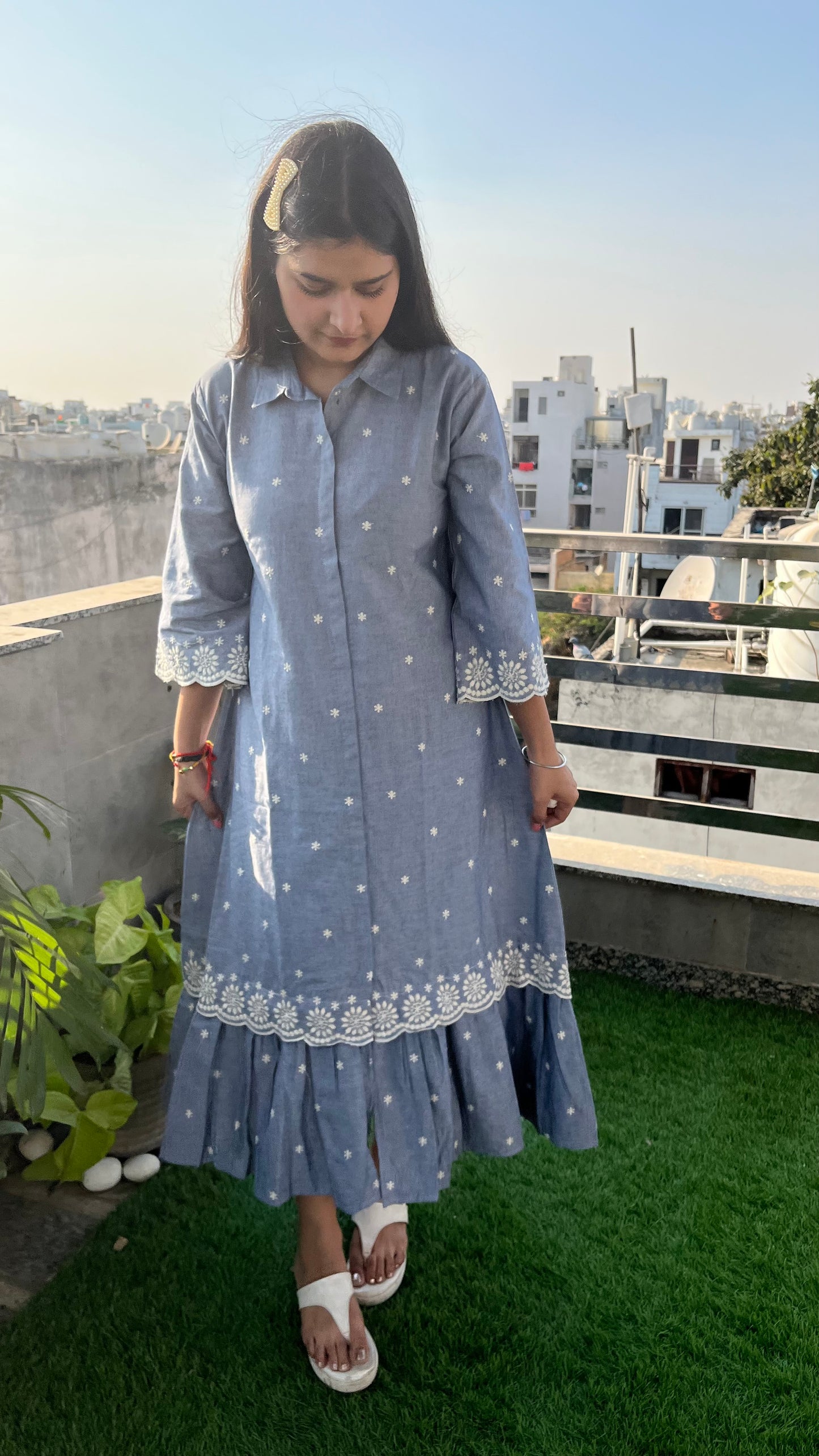 Denim Chikankari dress