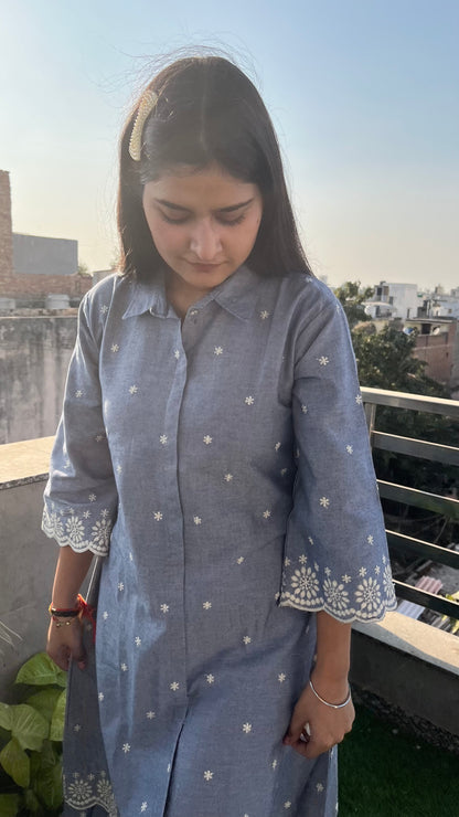 Denim Chikankari dress